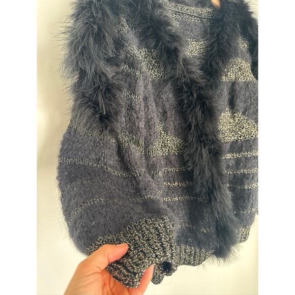 Vintage Feather Trim Metallic Knit Cardigan - Black & Gold, One Size - Picture 4 of 9